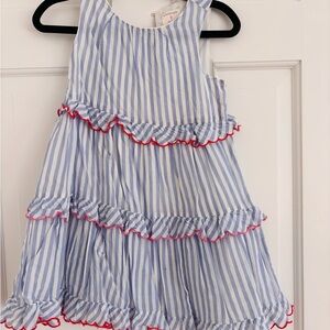 Crewcuts Blue and White Striped Dress with Red Trim Size: 4